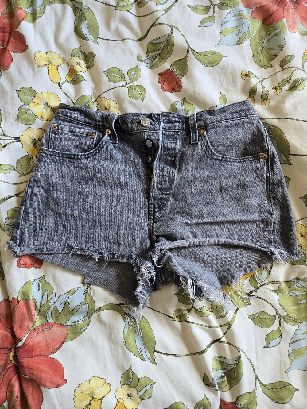 Levi's Gray Distressed High-Rise Denim Shorts